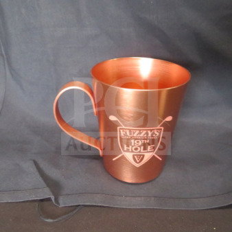 NEW Fuzzys Vodka Copper Mule Mug, logo "19th Hole," aluminum, mint condition, sleek design.
