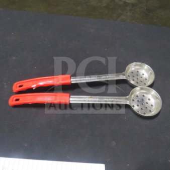 2oz perforated spoodle pair, stainless steel with red handles, excellent condition, ideal for portion control.