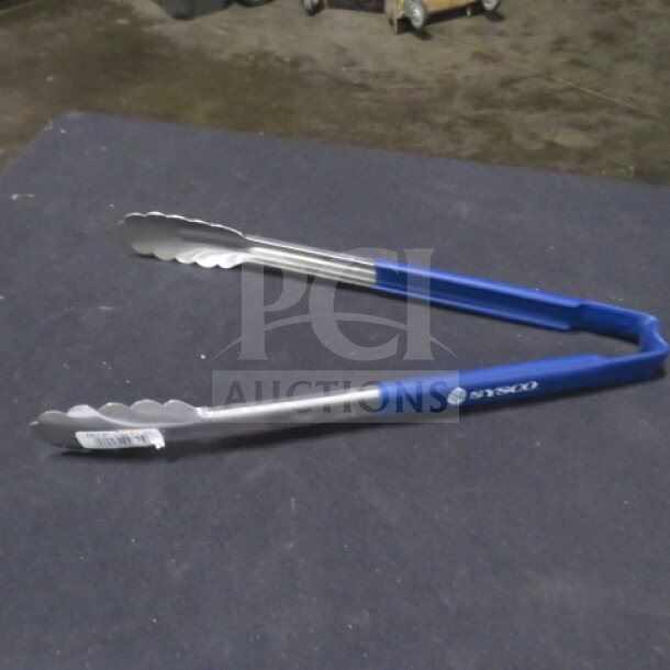 Vollrath 47812 stainless steel tong with blue handle, new condition, label visible for branding.