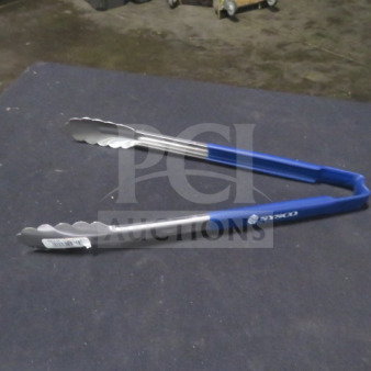 Vollrath 47812 stainless steel tong with blue handle, new condition, label visible for branding.