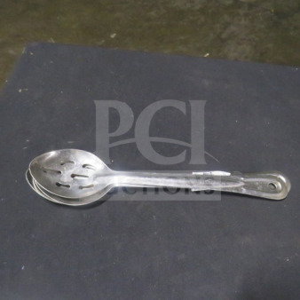 Stainless steel perforated spoon, model 3XBID, in good condition. Features slotted design and a long handle.