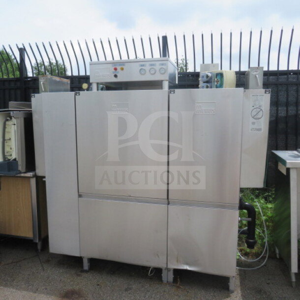 Meiko Conveyor Dishwasher Model K-88ET, stainless steel, 81x31x75 inches, visible control panel, good condition.