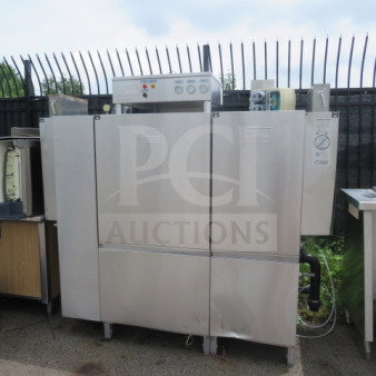 Meiko Conveyor Dishwasher Model K-88ET, stainless steel, 81x31x75 inches, visible control panel, good condition.