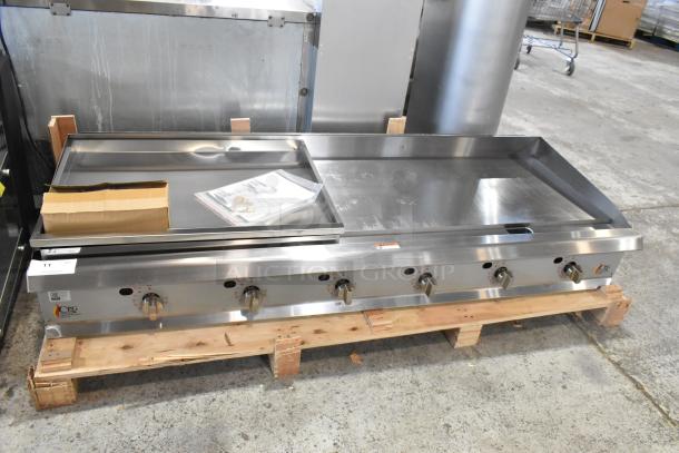 Brand new Cooking Performance Group 72" stainless steel countertop griddle, model 351GTCPG72NL, natural gas, 180,000 BTU.