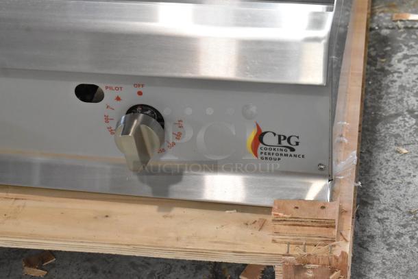 Brand new Cooking Performance Group CPG GT-CPG-72-NL countertop griddle, stainless steel, thermostatic controls, 180,000 BTU.