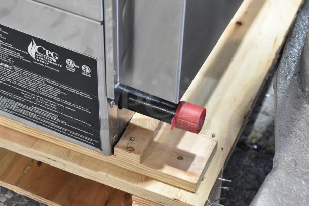 Brand new Cooking Performance Group 72" stainless steel griddle, model 351GTCPG72NL, with gas inlet and label shown.