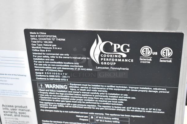 "CPG 72-inch countertop griddle, model 351GTCPG72NL, stainless steel, 180K BTU, natural gas, commercial use, new condition."