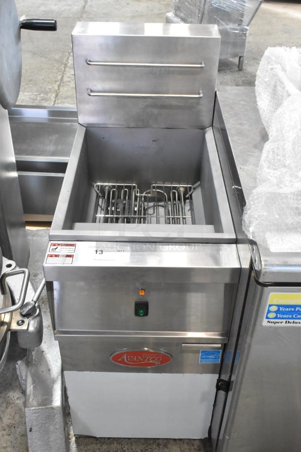 Brand new scratch and dent 2024 Avantco 177EF40C stainless steel electric fryer, 208V, 3-phase, with 2 metal baskets.