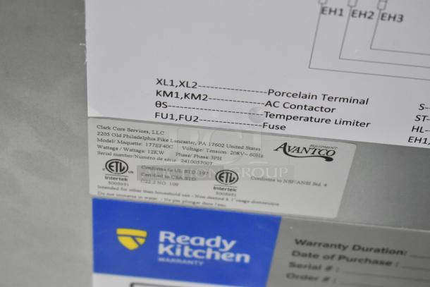 Stainless steel panel with model details for Avantco 177EF40C commercial fryer; 208V, 3-phase, with safety and compliance labels.