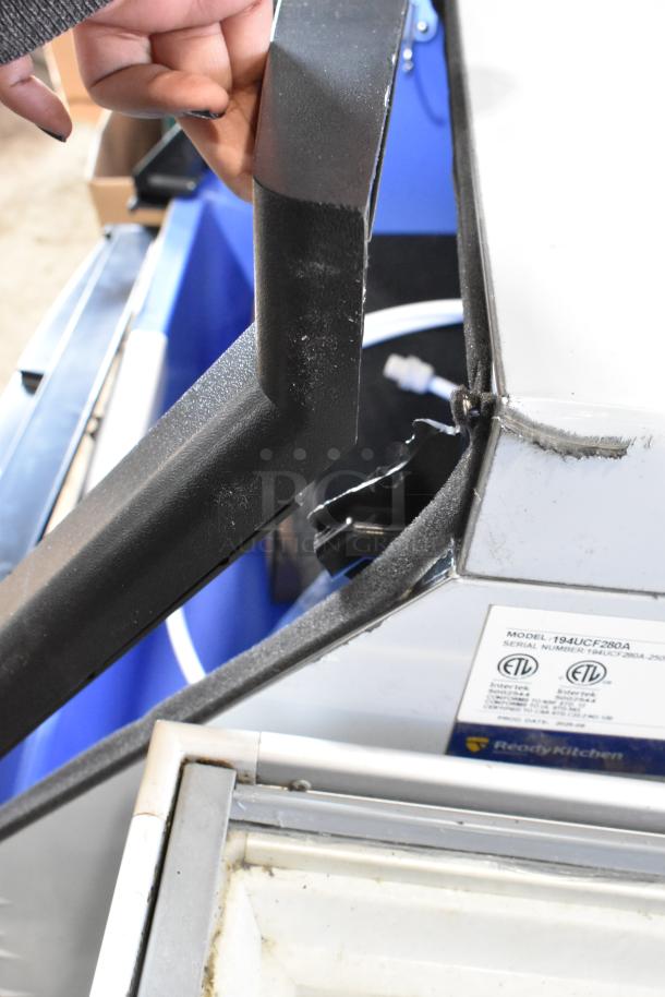 "2025 Avantco 194UCF280A ice machine, stainless steel, commercial undercounter model. New with dents, ETL listed label visible."