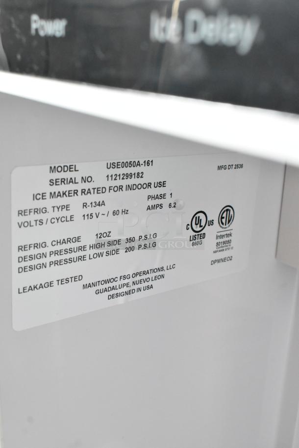 Brand new 2025 Manitowoc USE0050A-161 stainless steel ice machine, 45 lb capacity, 115V, indoor use, UL listed.
