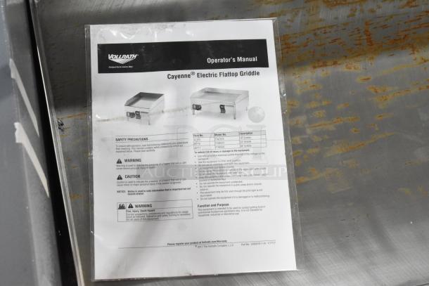Brand new Vollrath Cayenne FTA 8036 electric griddle with operator's manual. Stainless steel, 36", 220V, 1 phase.