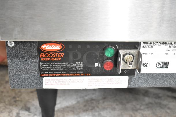 Hatco C-39 booster water heater, stainless steel, 480V, 3 phase, model plate showing manufacturing details and controls.