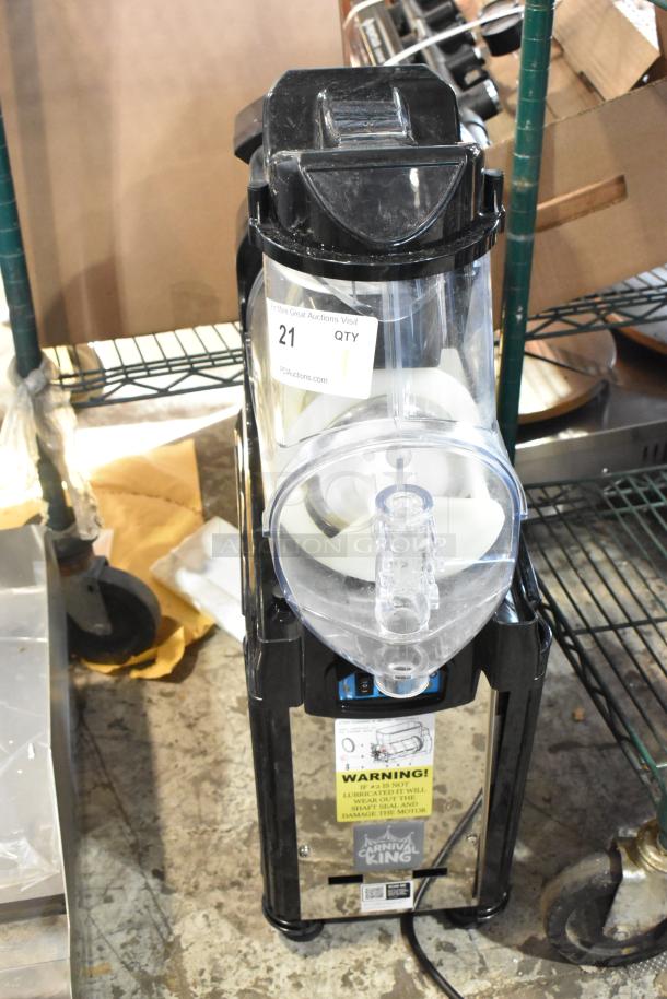 Brand new 2023 Carnival King 382SMM1 stainless steel granita machine, 1.6-gallon, scratch and dent, 120V, warning labels visible.