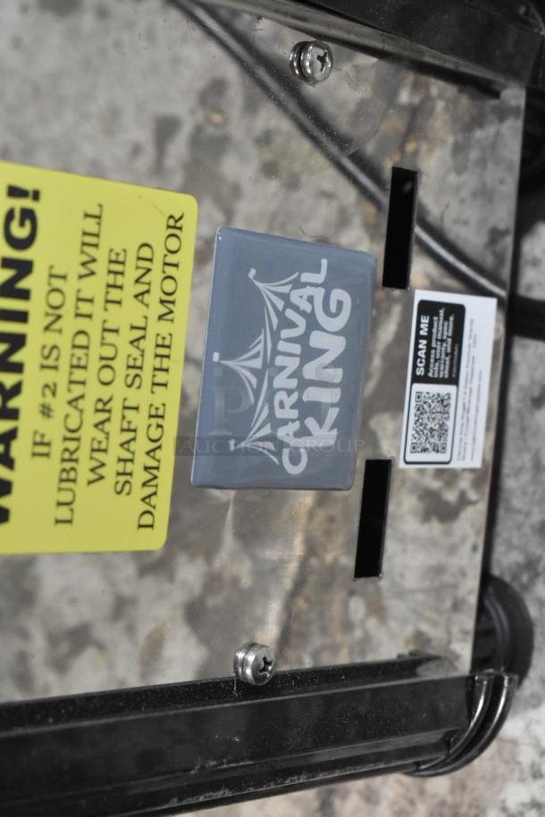 Carnival King 382SMM1 stainless steel commercial slushy machine, shows logo, warning label, and QR code. Brand new.