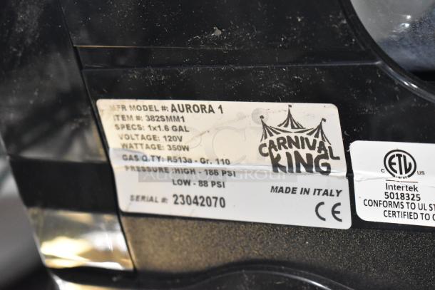 Carnival King 382SMM1 stainless steel granita machine, 1.6-gallon, 120V, brand new with scratches, tag shows specs and certifications.