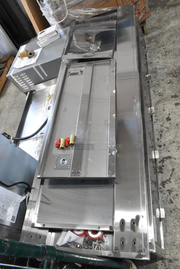 Brand new ServIt 423EST5WSFB stainless steel five-pan electric steam table, scratch and dent, 240V, enclosed base.