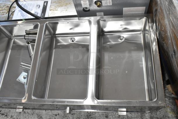 Brand new ServIt 423EST5WSFB stainless steel electric steam table, 5 pan, enclosed base, 240V, scratch and dent condition.