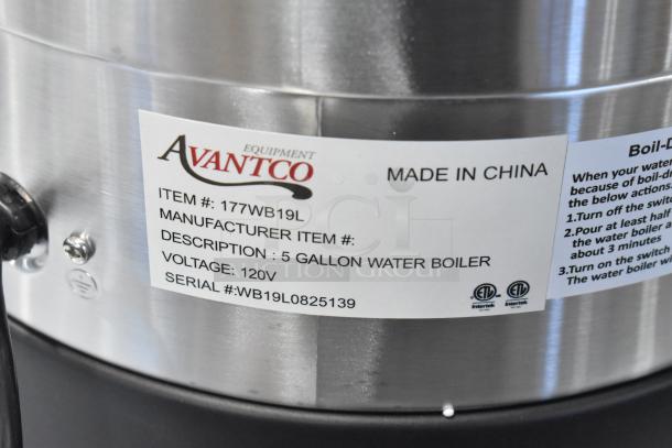 Brand new Avantco 5 Gallon Water Boiler, 177WB19L, 120V, scratch and dent. Label shows item number and serial. Made in China.
