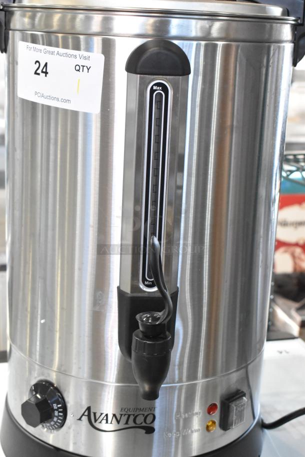 Brand new Avantco 177WB19L water boiler, 5 gallon, 120V, 1 phase, minor scratches, visible markings and gauge.