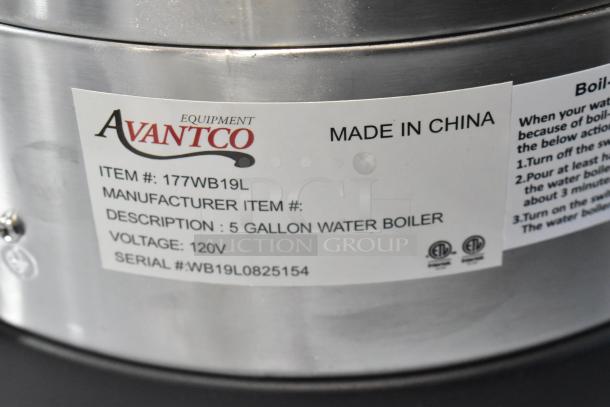 Brand new Avantco 177WB19L 5-gallon water boiler. 120V, 1 phase. Stainless steel with scratch and dent condition.