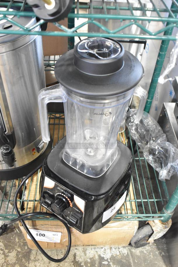 BRAND NEW AvaMix 928BX2000T blender, 3 1/2 hp, toggle control, 64 oz. Tritan™ container, 120V, small scratch, on metal shelf.