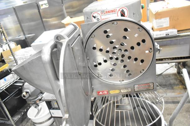 2021 Precision HD-60 60-quart planetary dough mixer with pelican head, mixing bowl, dough hook, bowl dolly. Warning labels visible.