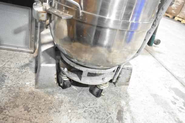 2021 Precision HD-60 Metal 60 Quart Dough Mixer with mixing bowl, pelican head, and bowl dolly. Slight wear visible.