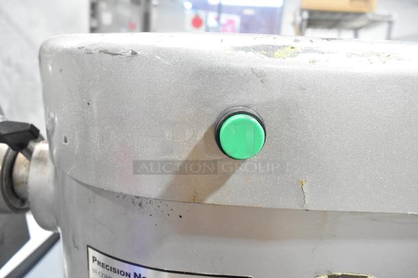 2021 Precision HD-60 commercial 60-quart dough mixer, visible wear, featuring green button, label with model details.