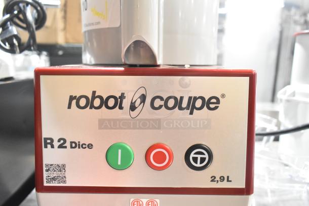 Robot Coupe R 2 Dice food processor control panel with labels. Features include 3 Qt. bowl, S blade, and continuous feed head.