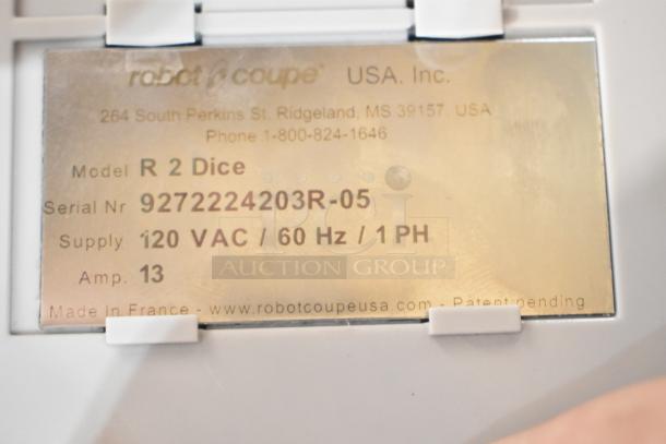 Robot Coupe R 2 Dice label showing model, serial number 9272224203R-05, 120 VAC, 60 Hz, 1 PH, made in France.