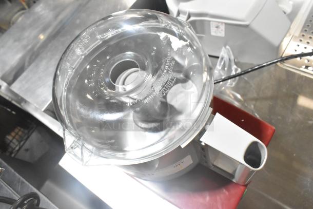 Robot Coupe R 2 Dice food processor with 3 Qt. gray bowl and continuous feed head, shown in good condition on countertop.