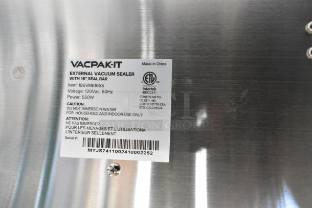 VacPak-It 186VME16SS stainless steel vacuum sealer, 120 volts, 16" seal bar, new with slight scratches, label indicates model and voltage.