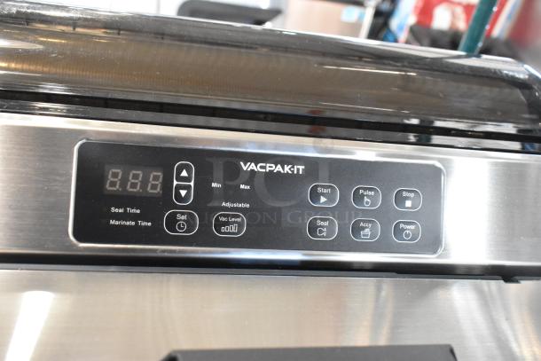 BRAND NEW VacPak-It 186VME16SS stainless steel vacuum packaging machine with 16" seal bar. Digital controls visible. 120V, 1 Phase.