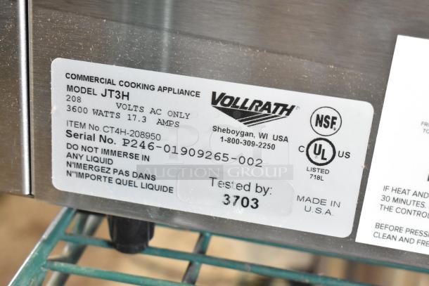 BRAND NEW Vollrath JT3H conveyor toaster, stainless steel, 208V, 1 phase. Features NSF certification and model label.