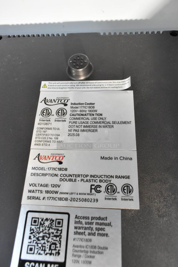 Avantco 177IC18DB Stainless Steel Double Countertop Induction Range with 120V, 1800W; brand new, commercial use only.