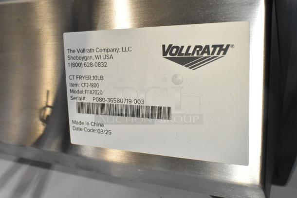 Vollrath CF2-1800 stainless steel deep fryer, new scratch and dent, with label showing model and serial number.