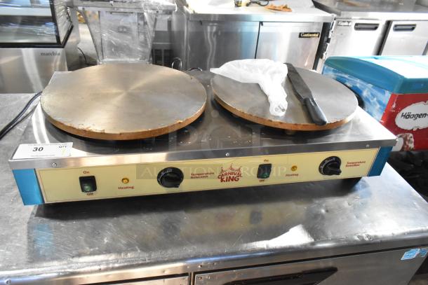 Brand new Carnival King 382CM16DBL dual crepe maker, stainless steel, 16" plates, slight scratches. 208/240V, 1 Phase.