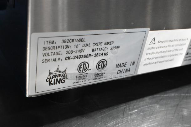 Carnival King 382CM16DBL stainless steel 16" dual crepe maker, 208/240V, new with minor scratches, label details shown.