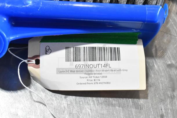 Lavex 14" blue push broom head with gray flagged bristles; tag shows model 697INOUT14FL, price $2.74.
