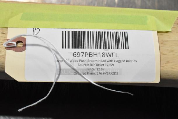 Tag on a Lavex 18" Wood Push Broom Head, 697PBH18WFL, with flagged bristles, price $2.97, source RIP Ticket 12559.