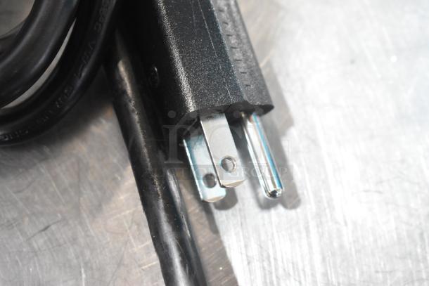 Close-up of power plug for Avantco 177RCB60 rice cooker. Brand new condition, 120 volts, 1 phase, black cable.