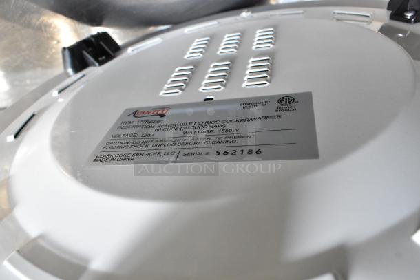Brand new Avantco 177RCB60 electric rice cooker/warmer, 60 cup capacity, removable lid. 120V, visible label with specs.