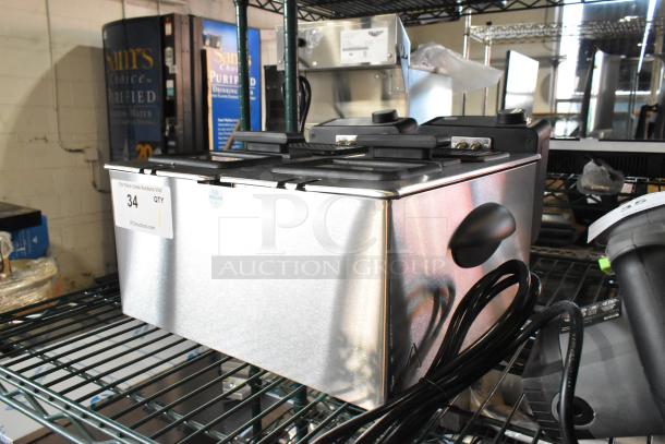 Brand new Pukomc MPS130DL-1 metal countertop 2 bay deep fat fryer, 120V, 1-phase, with QC passed sticker visible.