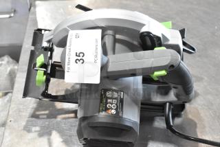 Genesis GCS130 circular saw, 13A, 7-1/4" blade, 120V, brand new with minor scratches. Model label visible.