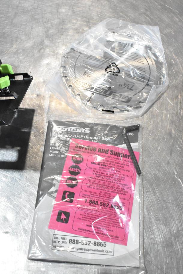 Genesis GCS130 Circular Saw, brand new with minor scratches and dents. Includes 7-1/4 inch blade, manual, and service info.