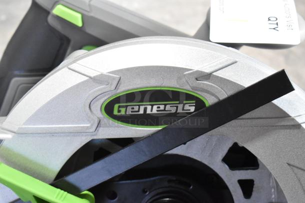 Brand new Genesis GCS130 circular saw, 13A, 7-1/4 in blade, 120V, showing minor scratches and dents.