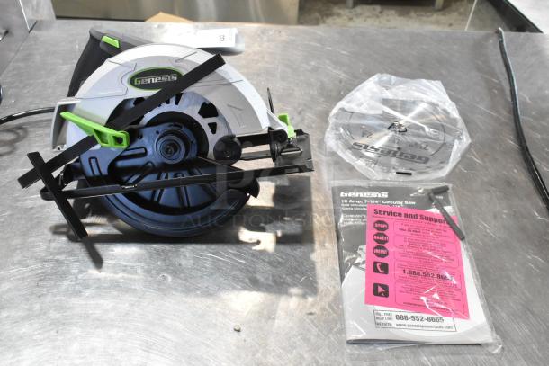 Genesis GCS130 Circular Saw, brand new, 13A, 7-1/4" blade, visible Genesis logo, includes manual, and service info.