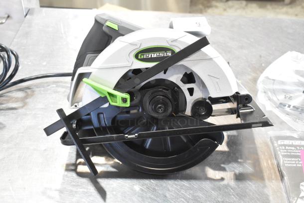 Genesis GCS130 Circular Saw, 13A, 7-1/4" blade, 120V. Brand new with minor scratches; features ergonomic handle, and safety guard.