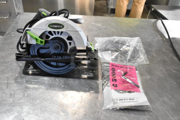 Brand new Genesis GCS130 circular saw, 13A, 7-1/4" blade, 120V, 1 phase. Includes service manual and accessories.